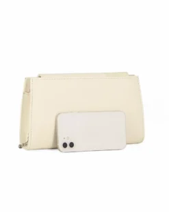 ANNES NICOLE - Pochette beige con inserti in vernice e patta, MADE IN ITALY