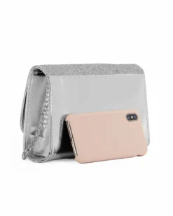 ANNES NICOLE - Pochette laminata argento con patta glitterata e fiocco removibile, MADE IN ITALY