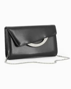 ANNES NICOLE - Pochette nera con cinturini in strass sulla patta e tracolla a catenina