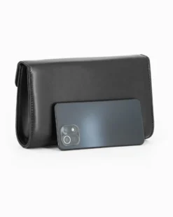 ANNES NICOLE - Pochette nera con cinturini in strass sulla patta e tracolla a catenina