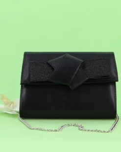 ANNES NICOLE - Pochette nera con fiocco glitterato sulla patta, MADE IN ITALY