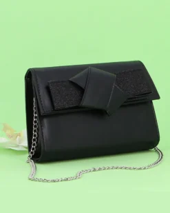 ANNES NICOLE - Pochette nera con fiocco glitterato sulla patta, MADE IN ITALY