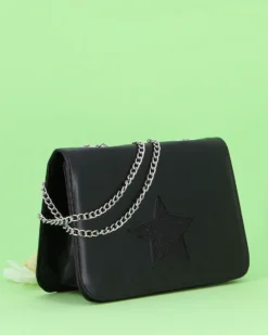 ANNES NICOLE - Pochette nera con stella glitterata sulla patta, MADE IN ITALY