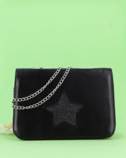 ANNES NICOLE - Pochette nera con stella glitterata sulla patta, MADE IN ITALY