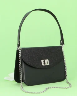 ANNES NICOLE - Pochette nera un manico con patta glitterata, chiusura a girello e catenina removibile, MADE IN ITALY