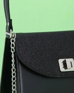 ANNES NICOLE - Pochette nera un manico con patta glitterata, chiusura a girello e catenina removibile, MADE IN ITALY