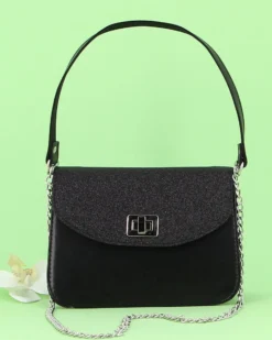 ANNES NICOLE - Pochette nera un manico con patta glitterata, chiusura a girello e catenina removibile, MADE IN ITALY