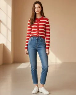 BACHATA - Cardigan manica lunga rossa a righe beige da donna