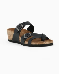 BACHATA - Ciabatta infradito nera effetto matte con doppia fibbia e sottopiede in VERA PELLE, zeppa 5CM