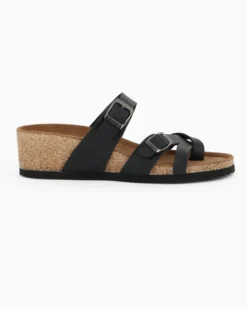 BACHATA - Ciabatta infradito nera effetto matte con doppia fibbia e sottopiede in VERA PELLE, zeppa 5CM
