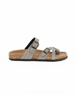 BACHATA - Ciabatta infradito taupe glitterata con doppia fibbia e sottopiede in VERA PELLE, zeppa 5CM