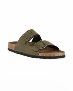 BACHATA - Ciabatta verde militare effetto nabuk con doppia fibbia e sottopiede in VERA PELLE