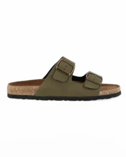 BACHATA - Ciabatta verde militare effetto nabuk con doppia fibbia e sottopiede in VERA PELLE