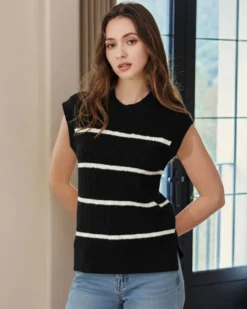 BACHATA - Gilet a maglia nero e panna da donna
