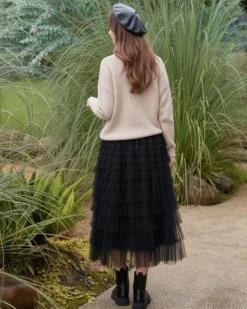 BACHATA - Gonna lunga in tulle a balze nera con elastico in vita