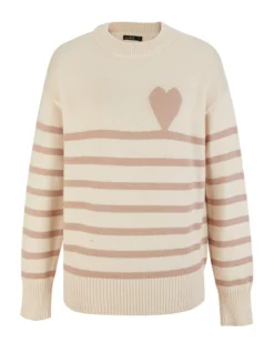 BACHATA - Maglia manica lunga avorio a righe beige e cuore