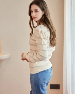 BACHATA - Maglia manica lunga avorio a righe beige con scollo quadrato