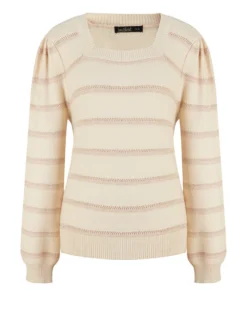 BACHATA - Maglia manica lunga avorio a righe beige con scollo quadrato