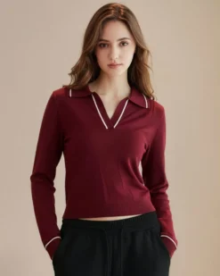 BACHATA - Maglia manica lunga bordeaux con scollo a V e colletto da donna