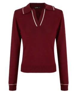 BACHATA - Maglia manica lunga bordeaux con scollo a V e colletto da donna