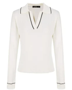 BACHATA - Maglia manica lunga bianca con scollo a V e colletto da donna
