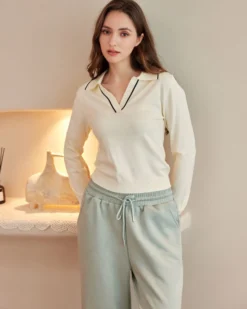 BACHATA - Maglia manica lunga bianca con scollo a V e colletto da donna
