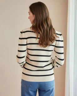 BACHATA - Maglia manica lunga beige a righe nere con scollo quadrato