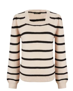 BACHATA - Maglia manica lunga beige a righe nere con scollo quadrato