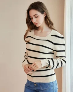 BACHATA - Maglia manica lunga beige a righe nere con scollo quadrato