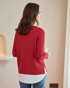 BACHATA - Maglia manica lunga rossa con finta camicia bianca da donna