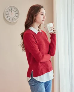 BACHATA - Maglia manica lunga rossa con finta camicia  bianca da donna