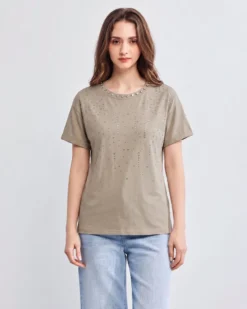 BACHATA - Tshirt manica corta beige con strass