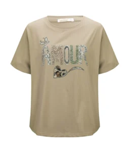 BACHATA - Tshirt manica corta beige con scritta e strass