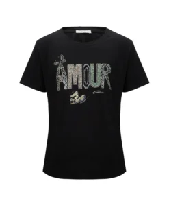 BACHATA - Tshirt manica corta denim con scritta e strass