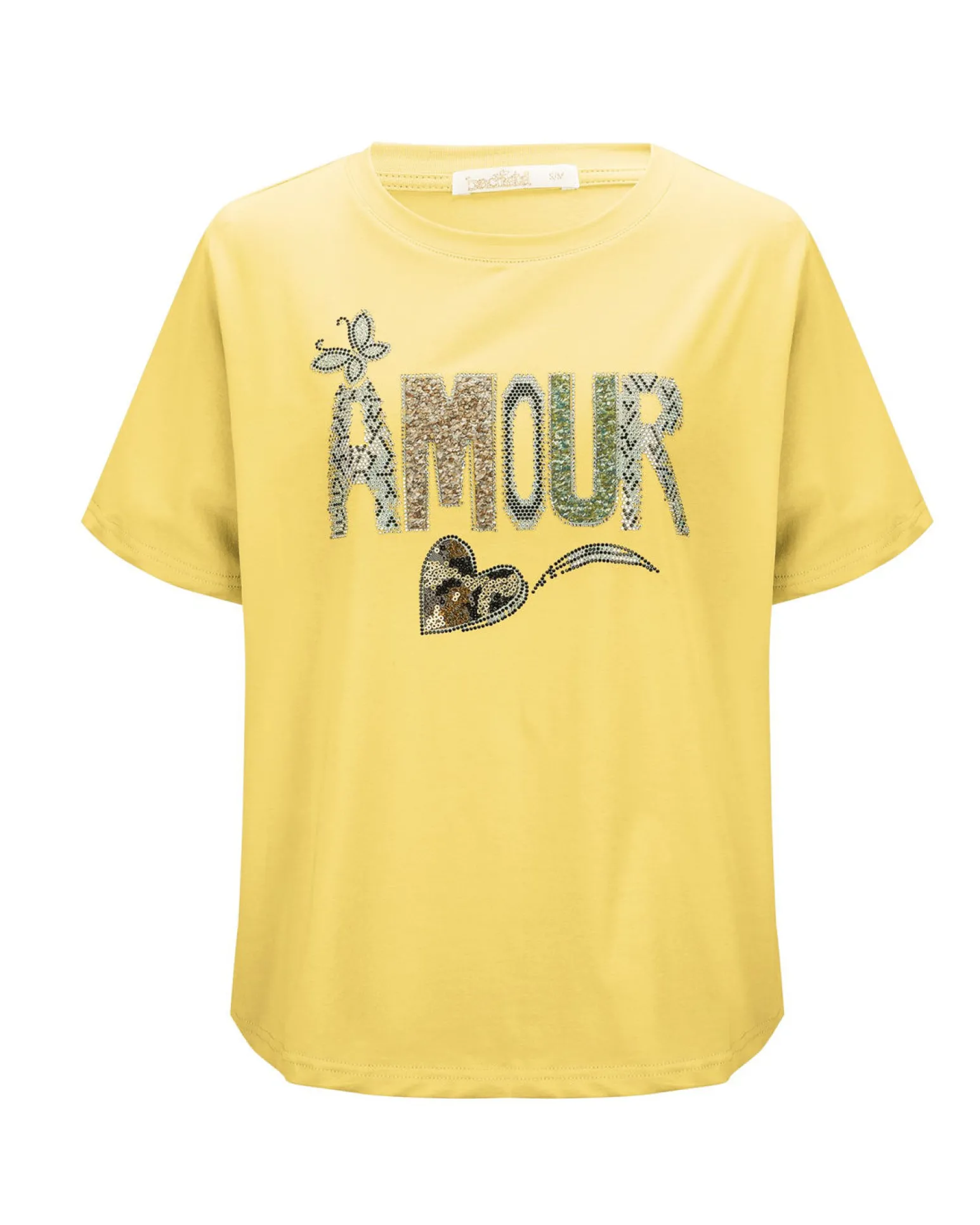 BACHATA - Tshirt manica corta gialla con scritta e strass
