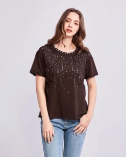 BACHATA - Tshirt manica corta marrone con strass