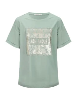 BACHATA - Tshirt manica corta verde salvia con scritta e stampa