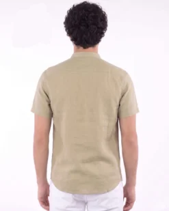 BLUE LEMON - Camicia manica corta beige collo coreano in lino