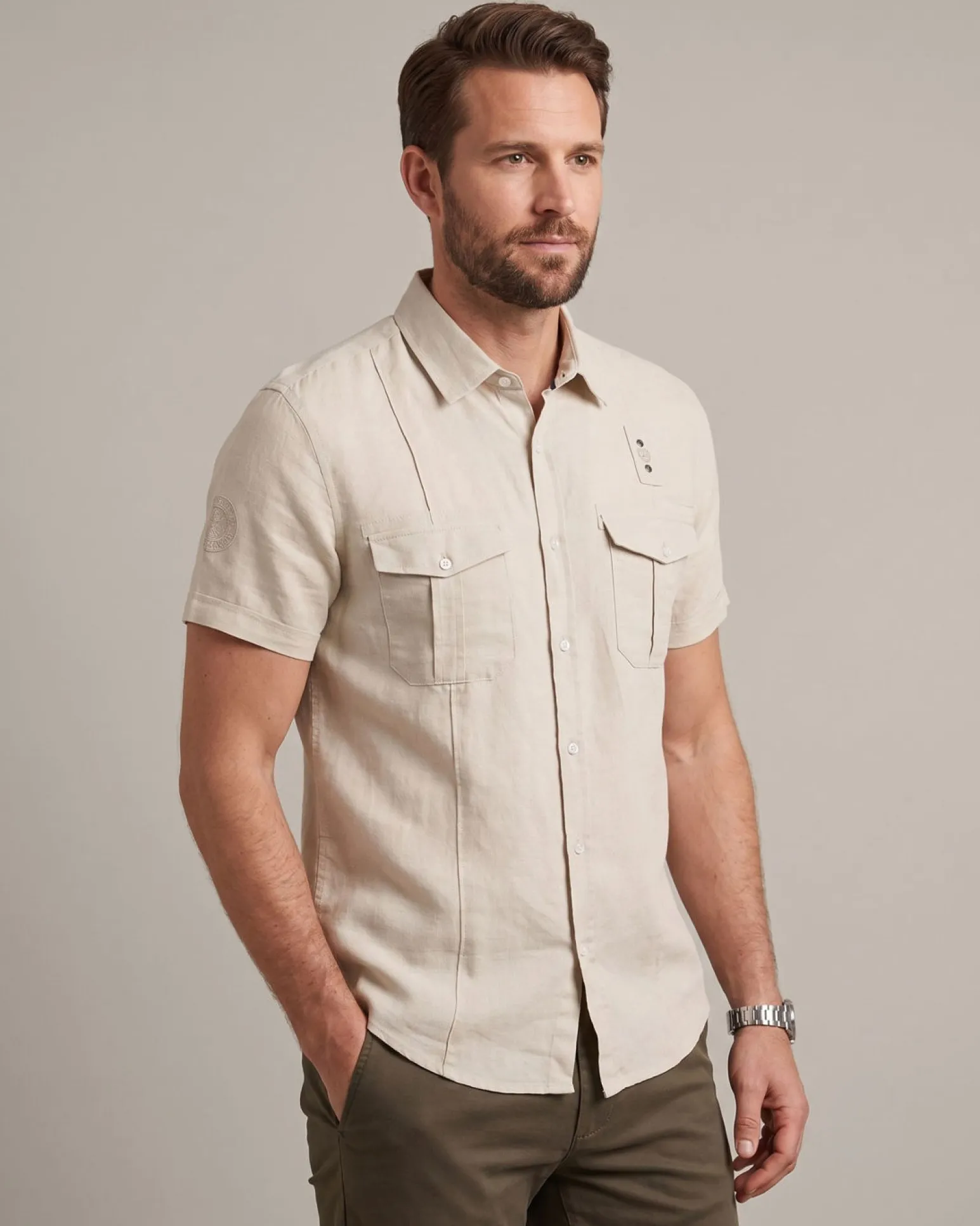 BLUE LEMON - Camicia manica corta beige in lino