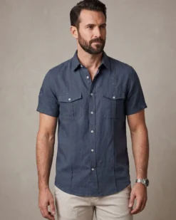 BLUE LEMON - Camicia manica corta indaco in lino