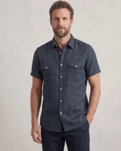 BLUE LEMON - Camicia manica corta blu in lino