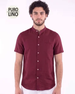 BLUE LEMON - Camicia manica corta bordeaux collo coreano in lino