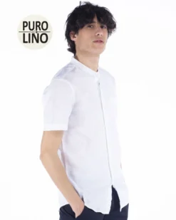 BLUE LEMON - Camicia manica corta bianca collo coreano in lino