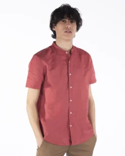 BLUE LEMON - Camicia manica corta corallo collo coreano in lino
