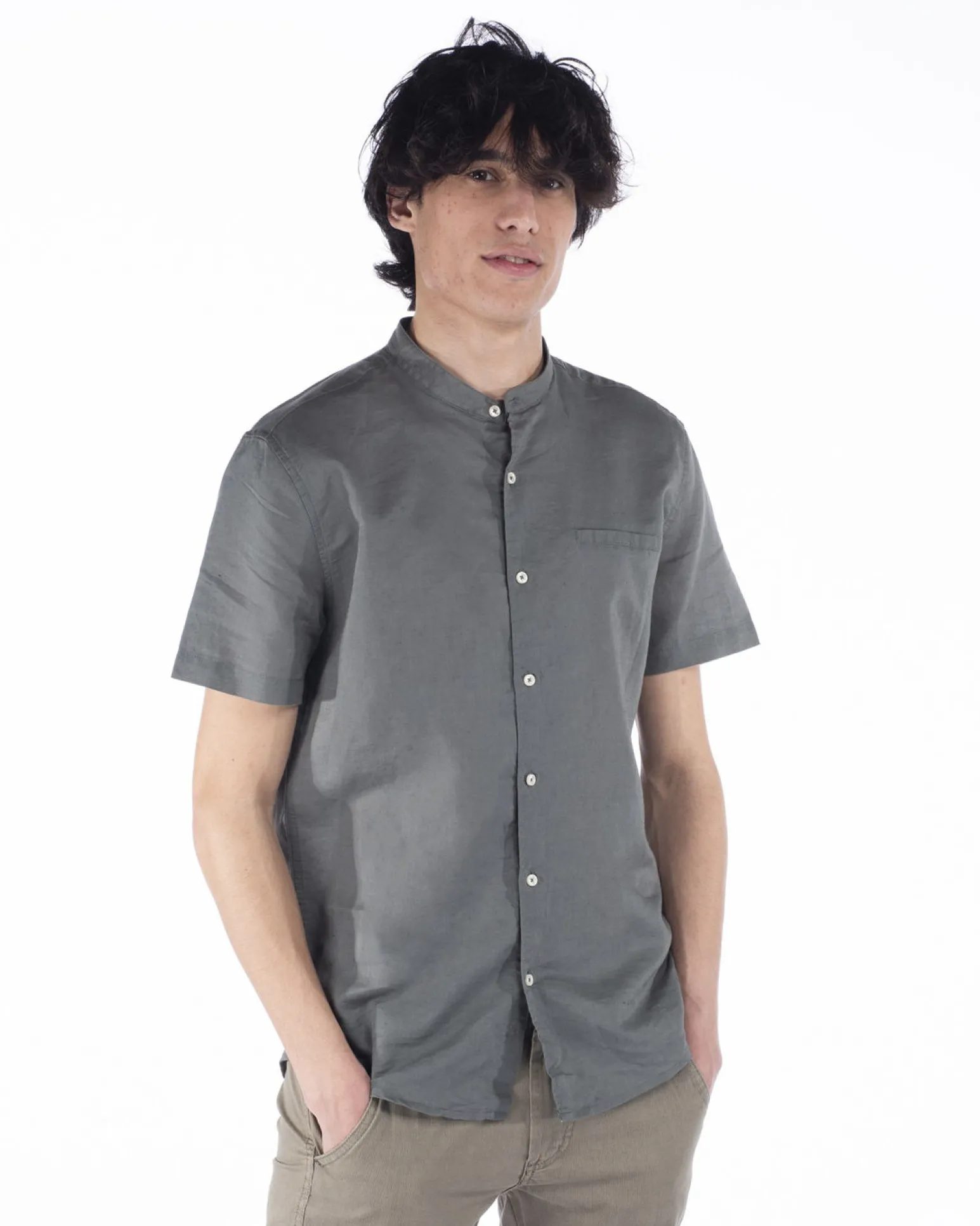 BLUE LEMON - Camicia manica corta militare collo coreano in lino