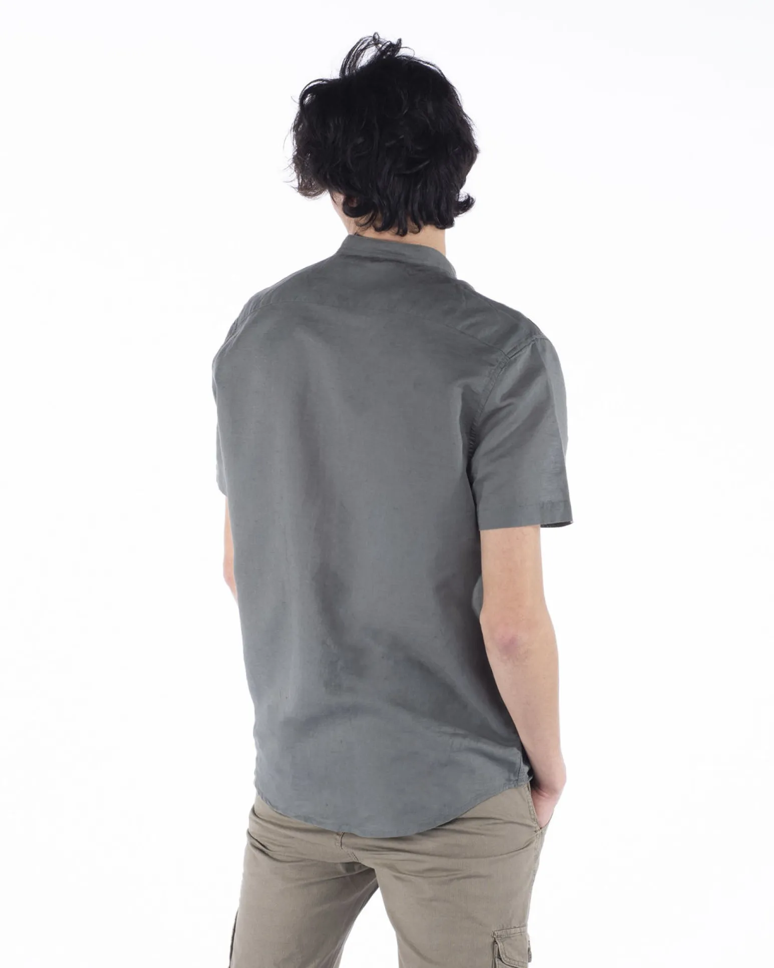 BLUE LEMON - Camicia manica corta militare collo coreano in lino