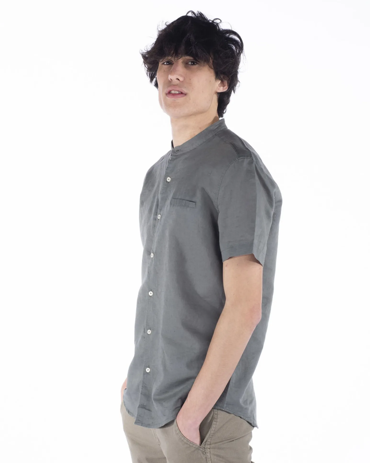 BLUE LEMON - Camicia manica corta militare collo coreano in lino