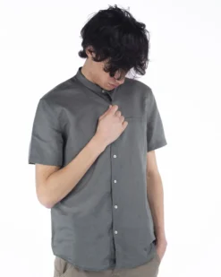 BLUE LEMON - Camicia manica corta militare collo coreano in lino
