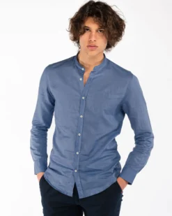 BLUE LEMON - Camicia manica lunga azzurro polvere con collo coreano in lino