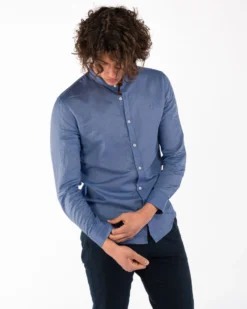 BLUE LEMON - Camicia manica lunga azzurro polvere con collo coreano in lino